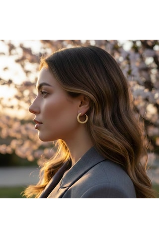Lente Aksesuar Gold Çelik Işıltılı Çizgili Model Vintage Kadın Halka Küpe Altın