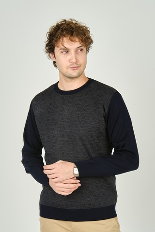 Ateş Triko Erkek Bisiklet Yaka Desenli Yün Kazak 3035 Lacivert Lacivert