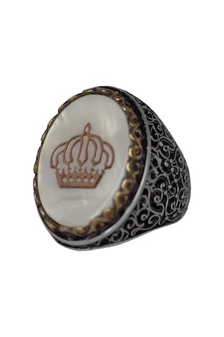 Regal Ve Sembolik Erkek 925 Ayar Gümüş Yüzük - Taç Sembolü Ve Doğal Taşlarla Süslenmiş Gümüş