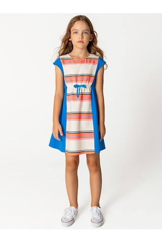 Sheshe Renkli Çizgili Beli Kuşaklı Kız Çocuk Elbise Renkli