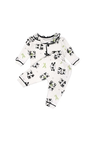 Bebegen Unisex Ekru Siyah Panda Desenli Kruvaze Yaka Pijama Takımı Çok Renkli