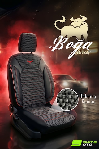 Boğa Serisi Tam Set Dokuma Kumaş Tüm Binek Araçlara Uyumlu Spor Dikiş Oto Koltuk Kılıfı Siyah Kırmızı