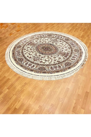 Çiçek Motifli 250 X 250 Yuvarlak İpek Halı Bej