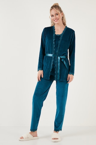 Lela Regular Fit Dantelli Yumuşak Dokulu Sabahlıklı Kadife Bayan Pijama Takımı 6095545 Nefti