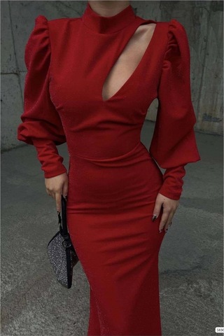 Lior Design Kadın Minimal Tasarım Simli Kumaş Degaje Yaka Dekolteli Maxi Abiye Elbise Kırmızı