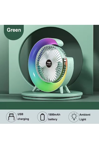 Şarjlı Masaüstü Vantilatör Rgb Led Işıklı 3 Kademeli 180 Ayarlanabilir Soğutucu Fan Gece Lambası Yeşil