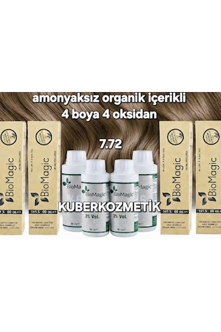 Biomagic 7.72 Orta Küllü Kumral Organik İçerikli Amonyaksız Kalıcı Kokusuz Saç Boyası 4 Boya+ 4 Oksidan