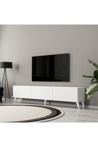 1250 Elisa 3 Kapaklı Kulpsuz 180 Cm Ayaklı Tv Ünitesi Beyaz