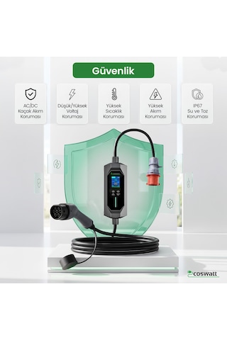 Coswatt Taşınabilir EV Şarj Cihazı CS-P3-32A / 22kW / 5m / Türkçe / 380V AC / Tip-2 / 5x32A CEE / Ev Tipi Dönüştürücü / Çanta