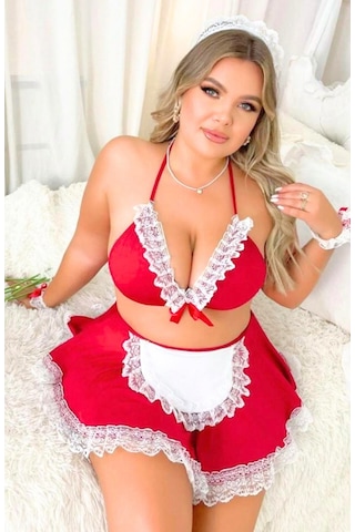 Tegangold Büyük Beden Fantezi Kırmızı Dantelli Hizmetçi Kostümü Mh9246-b Kırmızı