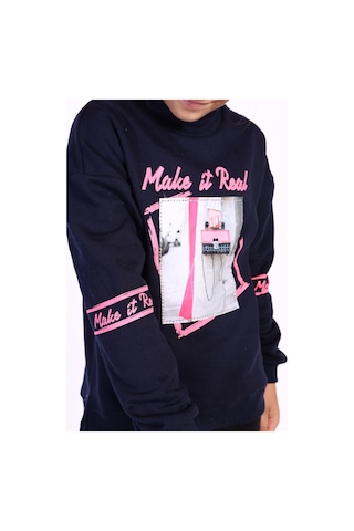 Toontoy Kız Çocuk Baskılı Taş İşlemeli Balıkçı Yaka Sweatshirt Lacivert
