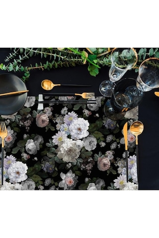 Siyah Çiçek Kumaş Amerikan Servis 4'lü Set - 35x50cm Keten, Ulusl. Yıkama Ve Solmama Sertifikası Çok Renkli