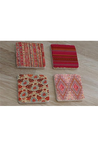 Osmanlı Kumaş Desenleri Doğal Taş Bardak Altlığı 4'lü Set - Natural Stone Coasters-174233 Çok Renkli