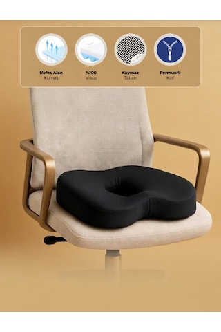 Yeni Nesil Visco Ortopedik Ergonomik Kaymaz Taban Terlemez Hemoroıd Oturma Simidi Minderi Omurga Sağlığını Destekler Ve Oturma Baskısını Azaltır Siyah