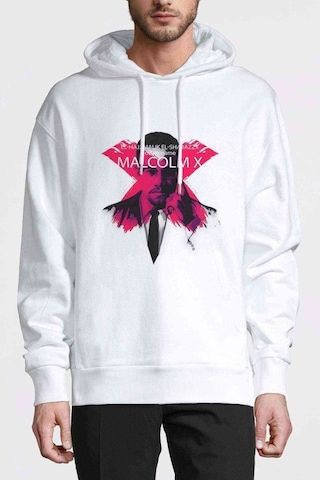 Malcolm X El Shabazz Baskılı Beyaz Erkek Örme Kapşonlu Sweat