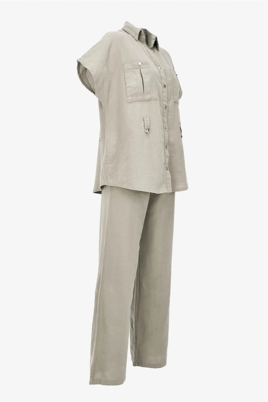 Keten Kuşaklı Gömlek Pantolon Takım - Bej Bej