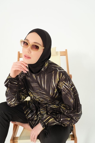 Alfasa Yaprak Desenli Oversize Tesettür Mayo Siyah