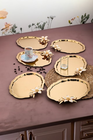 6 Adet Oval Papatlı Kahve-çay Servis Ve Sunum Tepsisi 25x20 Cm