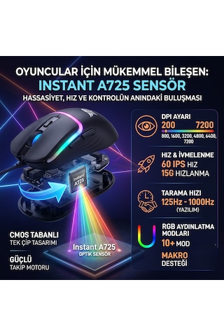 Rgb Gaming Kablolu Mouse Siyah 725 Optik Sensörlü Yüksek Hassasiyetli Makrolu Ergonomik Örgü Kablo Diğer