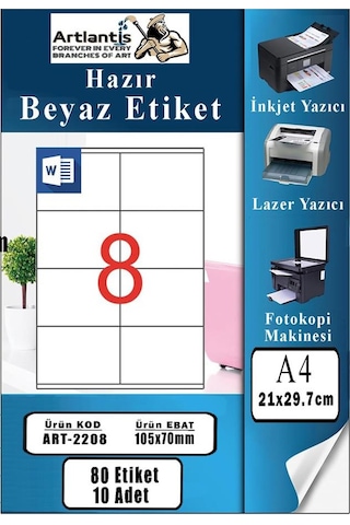 A4 Hazır Etiket 105x70 Mm 10 Sayfa 1 Paket 8 Li Kendinden Yapışkanlı Fotokopi Lazer İnkjet Kağıdı Yazıcılar İçin Uyumlu