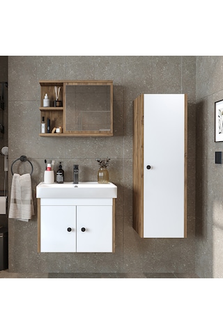 Ada Lavabolu Banyo Alt Dolabı + Banyo Üst Dolap + Banyo Boy Dolap Atlantik Çam - Beyaz