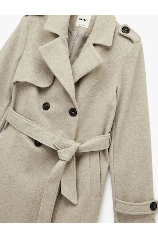 Koton Uzun Kollu Kruvaze Kemerli Uzun Kaşe Ekru Kadın Kaban 6wak00094ew Ekru