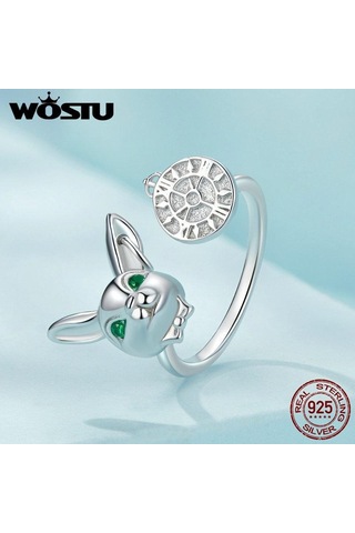 Wostu 925 Ayar Gümüş Beyaz Tavşan Saat Halkası Açık Yüzükler Kız Doğum Günü Partisi Hediye