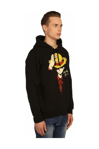 Bant Giyim - One Piece Luffy Siyah Kapüşonlu Sweatshirt Siyah