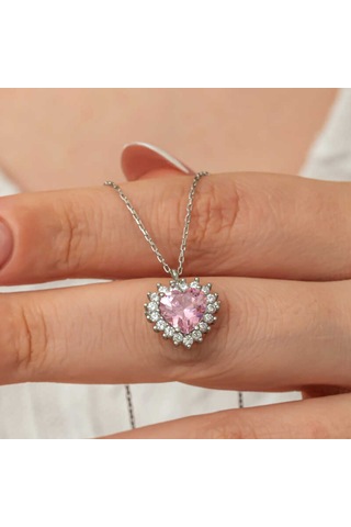 Himarry Gümüş Pembe Taşlı Kalp Kadın Kolye Beyaz