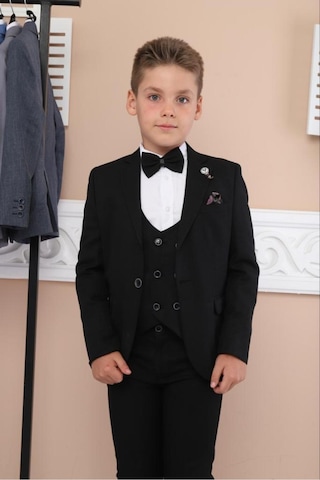 Rema Stil Erkek Çocuk Takım Elbise Ceket Yelek Pantolon Gömlek Set Siyah
