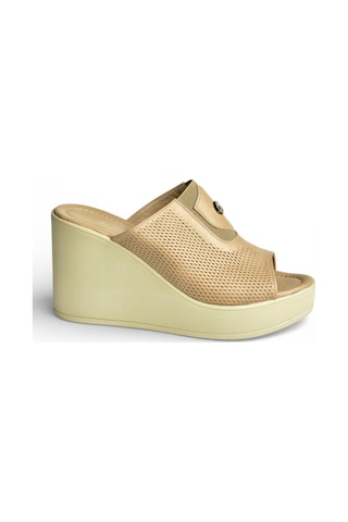 Fox Shoes Y555250703 Bej Hakiki Deri Dolgu Topuklu Kadın Terlik Bej