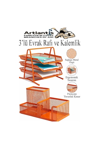 Turuncu Metal Evrak Rafı 3 Lü Ve Masaüstü Kalemlik 1 Paket Masaüstü A4 Dosya 3 Katlı Düzenleyici Kağıt Tepsisi Metal Turuncu