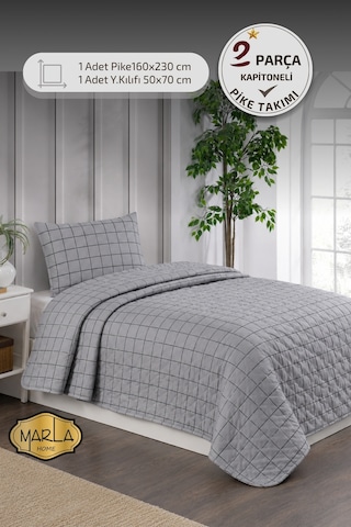 Tek Kişilik Pike Takımı 160x230 Cm Çok Amaçlı Yatak Örtüsü & Battaniye Gri Siyah
