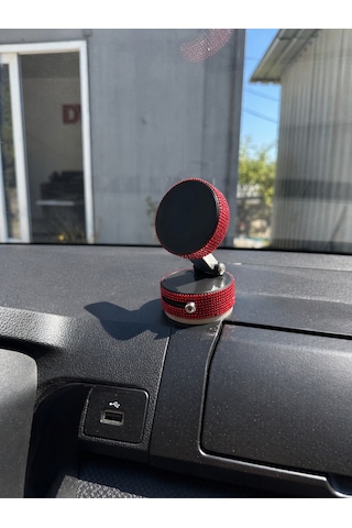 Kadınlara Özel Kristal Taşlı Kırmızı Araç Telefon Tutacağı Oto Telefon Tutucu