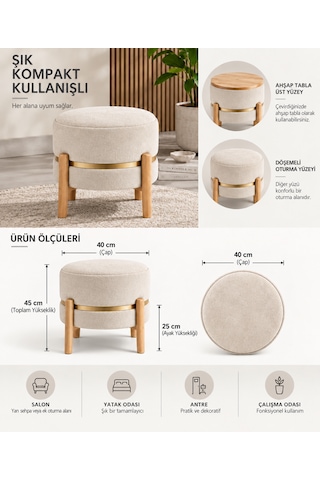 Çok Amaçlı Kompakt Çift Yönlü Ergonomik Puf Ve Sehpa İkisi Bir Arada Gürgen Ayaklı Sehpa Puf Krem