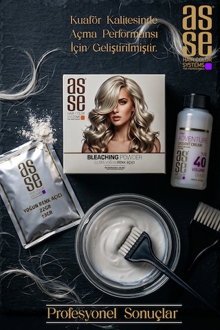 Asse Hair Colors For Professionals. Bleaching Powder - Ultra Yoğun Saç Renk Açıcı. Profesyonel Kullanım İçin. Ultra Bağ Güçlendirici Formülüyle 8 Ton'a Kadar Açma, Saçı Güçlendirir Ve Korur