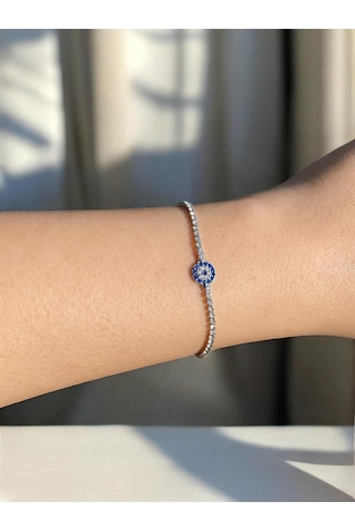 Mavi Nazarlık Detaylı Su Yolu Silver Kadın Bileklik Gümüş