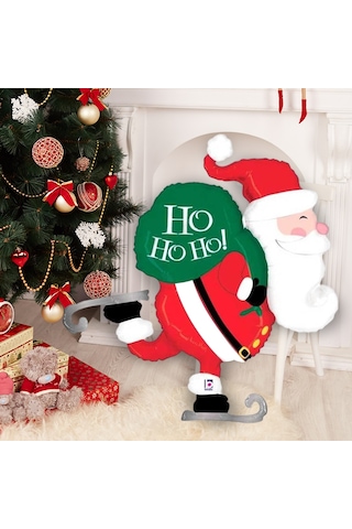 Yılbaşı Buz Pateni Yapan Noel Baba Hediye Çuvallı Folyo Balon 79x89 Cm Çok Renkli