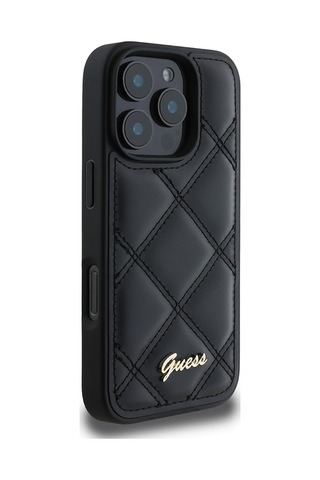Apple iPhone 16 Pro Max Uyumlu Kılıf Guess  Lisanslı Pu Deri Metal Yazı Logolu Kapitone Kapak Siyah