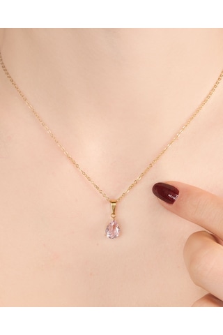Lekka Design Kadın Kararmaz Çelik Takı Pembe Damla Zirkon Taşlı Şık Kolye Altın