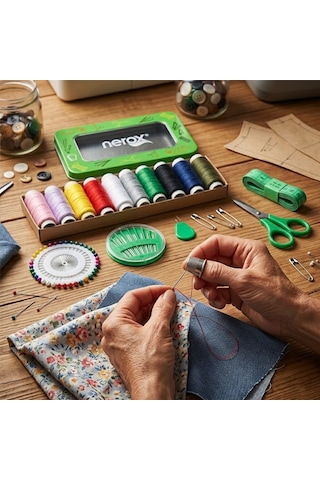 Nerox Nrx-0749 Metal Kutu Dikiş Seti İplik, Mezura, Tekstil Makası, İğne, Yüzük - 6'li Paket