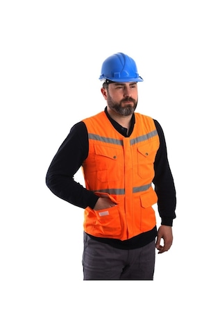 Eser - V Yaka Fosforlu Harman Kumaş Yelek - Turuncu