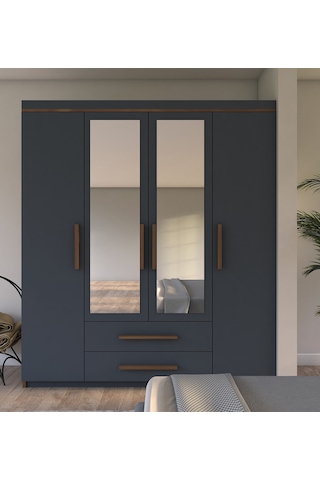 Metalia Gm815 Nisa Delüx 4 Kapı 2 Çekmeceli Aynalı Gardrop Ceviz-Antrasit