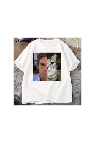 Tarzsokak Dexter Morgan Kedi T-shirt Komik Pamuk Kısa Kollu O Boyun Tshirt Unisex Streetwear Erkek Giys 2802 Beyaz