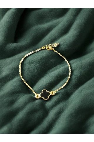 Gold Renk Minimal Siyah Yonca Bileklik Gold