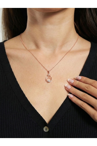 925 Ayar Zirkon Taşlı Rose Çiçekli Halka Gümüş Kolye Gümüş - Rodyum