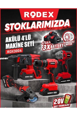 Rodex RDX3004 20V 3x4.0 Ah Li-ıon D.Matkap 45 NM D.Somun Sıkma 300 NM Kırıcı Delici 2.5J Avuç 4'lü Makine Seti