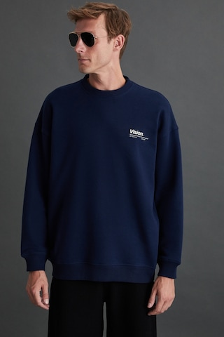 Grimelange Ernest Erkek Yumuşacık Içi Polarlı Baskı Detaylı Organik Pamuk Oversize Lacivert Sweatshirt