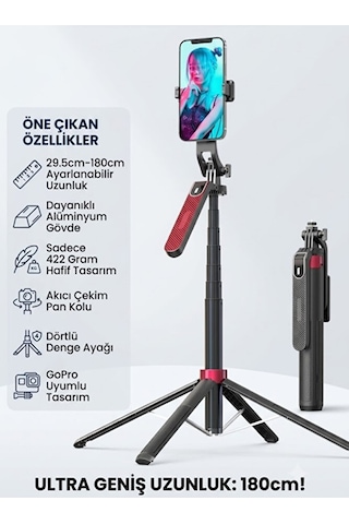 Bluetooth Kumandalı Go Pro Tripod Selfie Çubuğu 360 Pan Kolu 180cm Güçlü Alüminyum