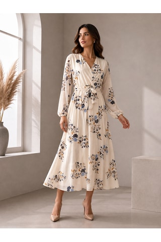 Bidesing Kadın Ekru Floral Desenli Uzun Kollu Şifon Maxi Elbise Ekru Mavi Bej